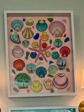 13” X 17” Hand Painted Seashell Shadow Box Wall Art | Coastal Pink, Gold Trim